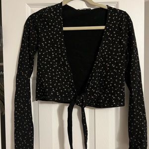 Brandy Melville black surplice tie cropped long sleeve. Flowers cream and green